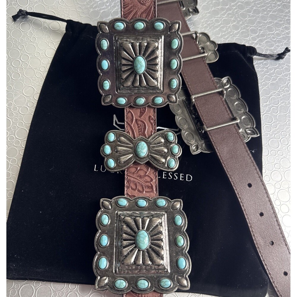 NWT Lucky & Blessed Turquoise Concho Tool Leather Belt - S Runs Bigger Dust Bag - Picture 7 of 14